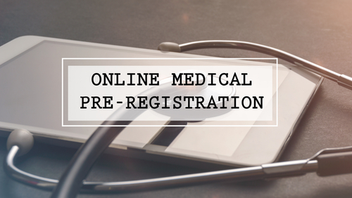 Picture of a smart tablet on a table with a stethoscope lying over it. 

ONLINE MEDICAL PRE-REGISTRATION